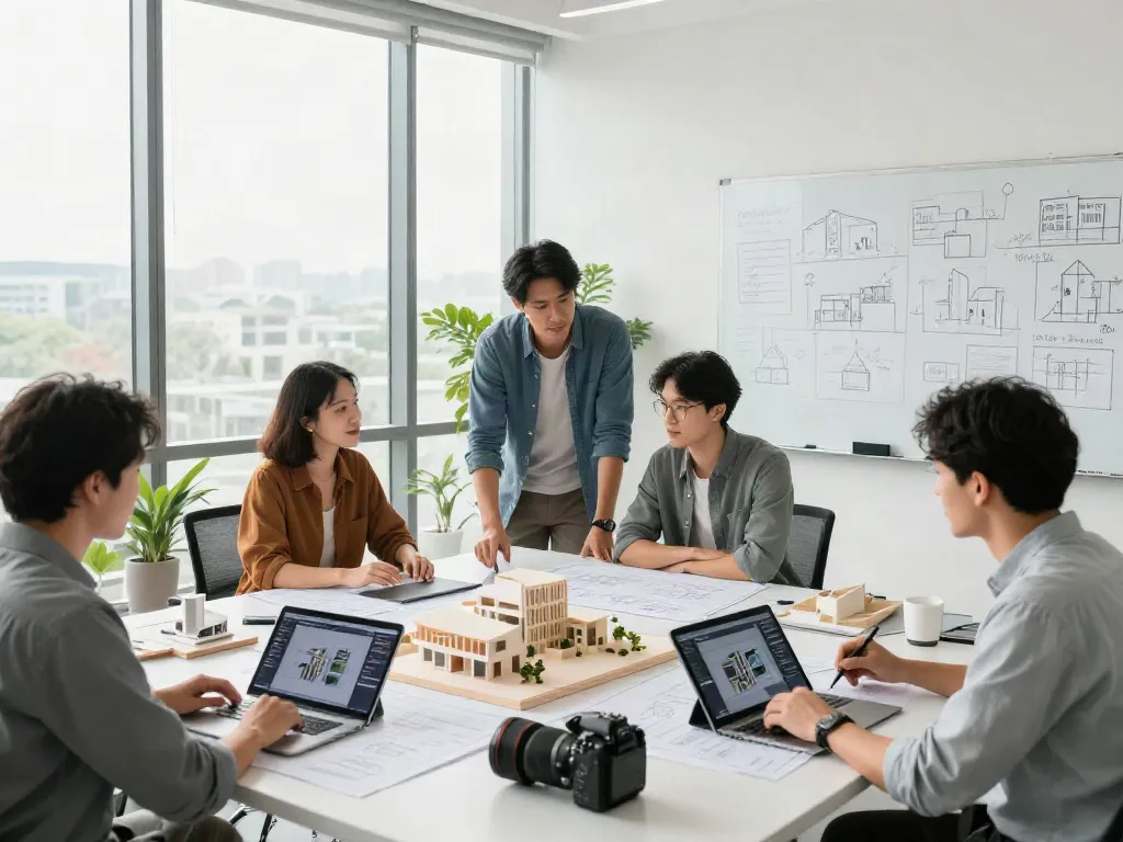 Kerja tim profesional LOTUS88 dalam desain arsitektur modern dengan elemen ruang yang menarik.
