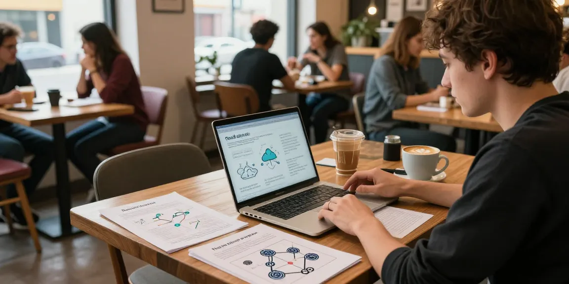 Cloud mining strategies conceptual study at a coffee shop with cryptocurrency references and technical diagrams.