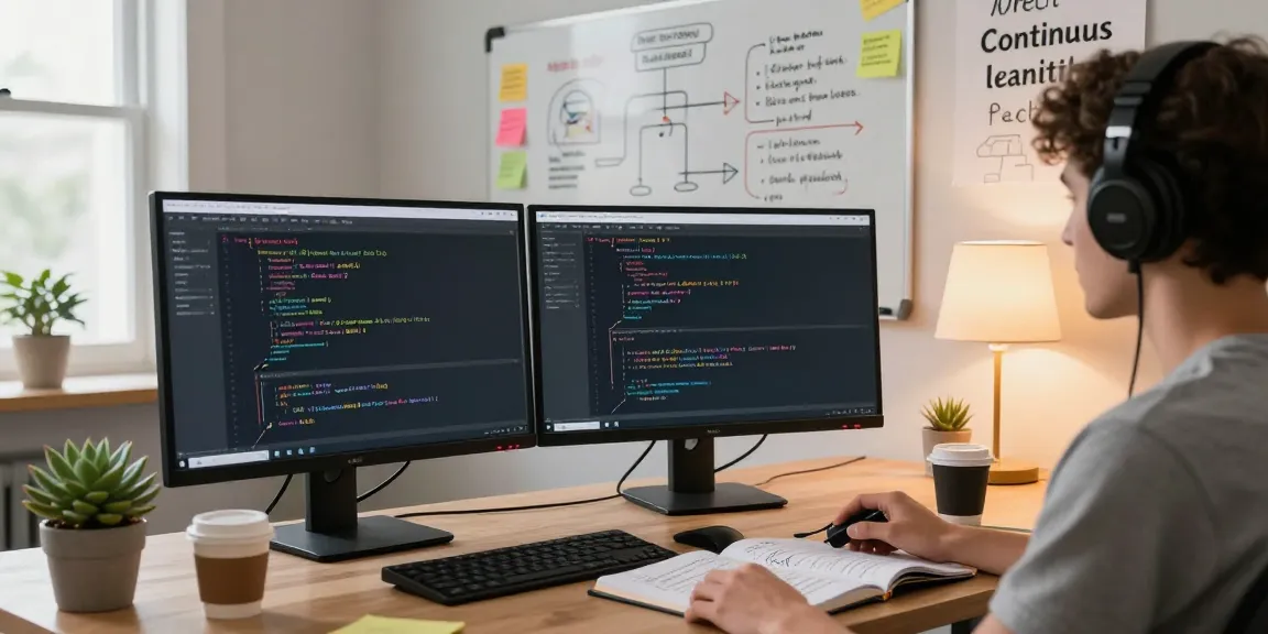 Student engaging in a React and Redux course online while studying at a modern desk with dual monitors and coding notes.
