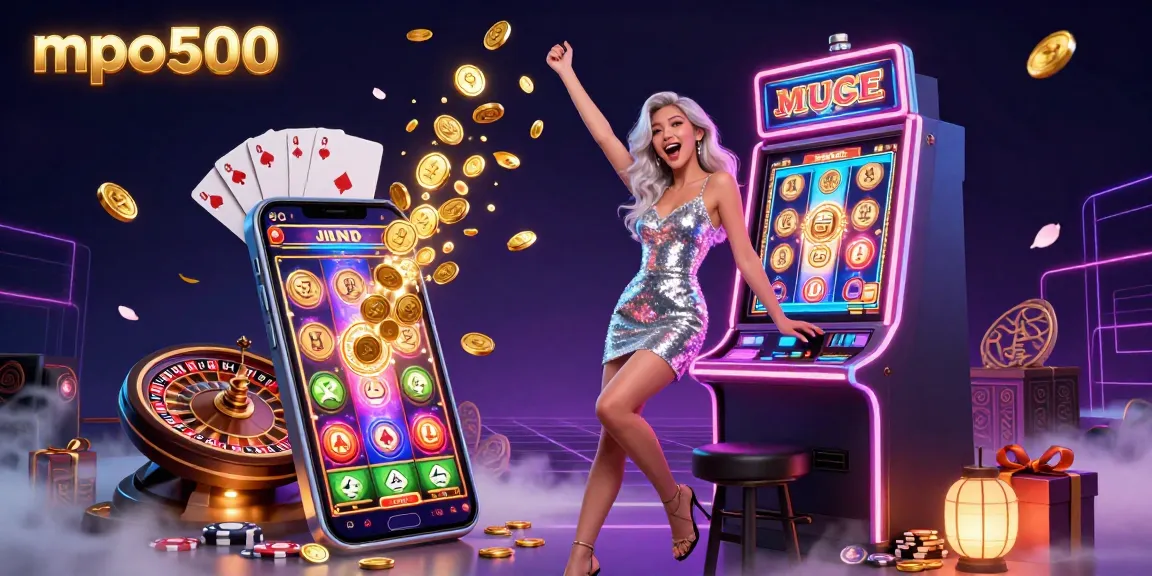 Celebrate big wins with mpo500 on a vibrant, dynamic casino scene featuring slots and coins.