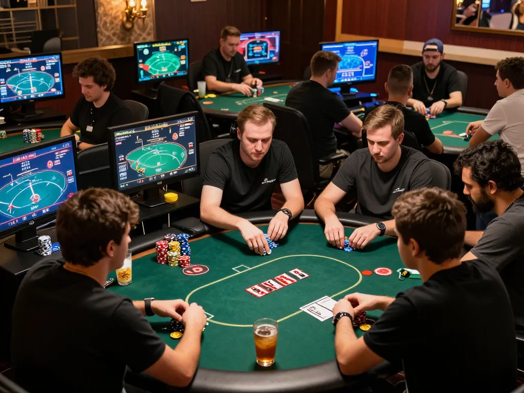 Engaging poker session at lc88 com with players competing intensely, chips piled high, modern gaming techniques.
