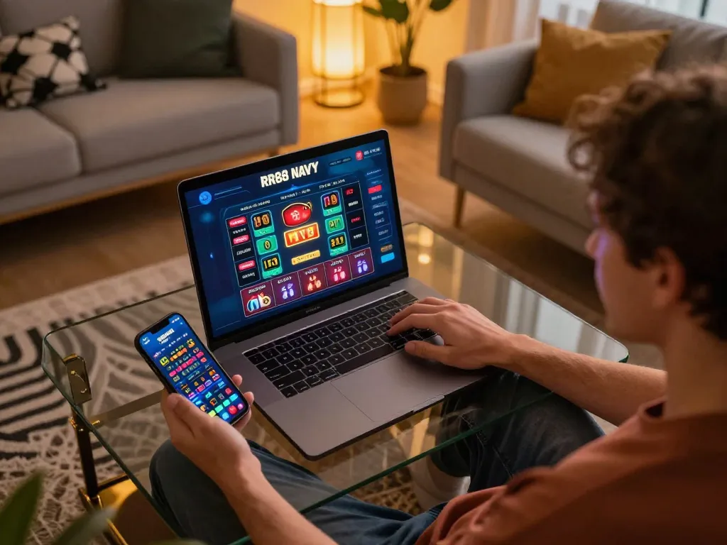 Engaging in online betting with RR88 NAVY app, showcasing a player enjoying gaming strategy.