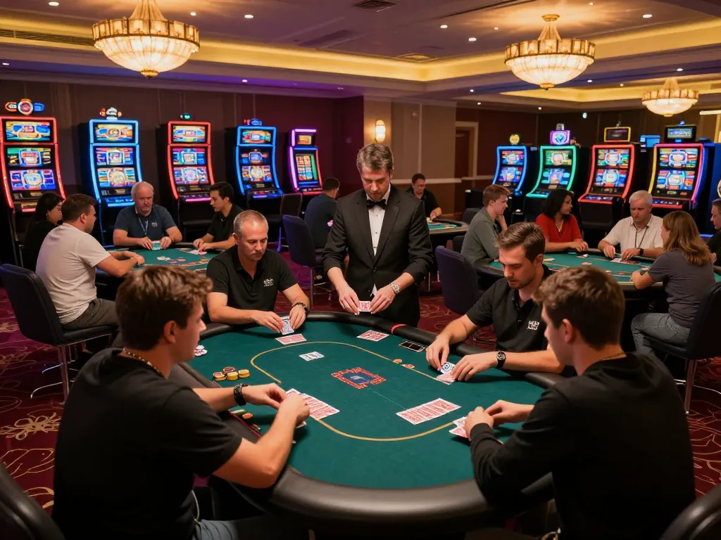 Players engaged in a strategic mini-game on poker tables at an upscale casino, showcasing chips and action.