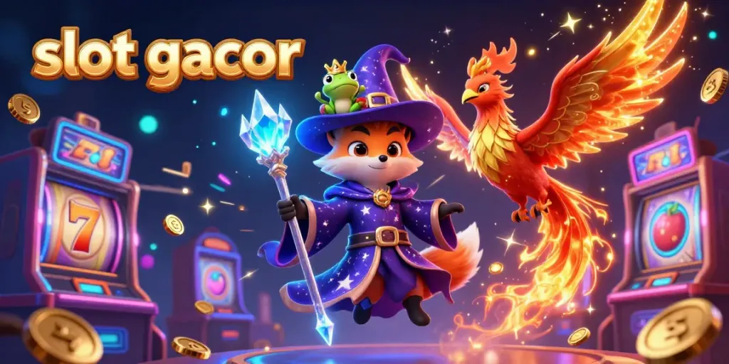 Engaging dynamic scene representing slot gacor with a mystical wizard fox, phoenix, and colorful slot machines in a vibrant casino.