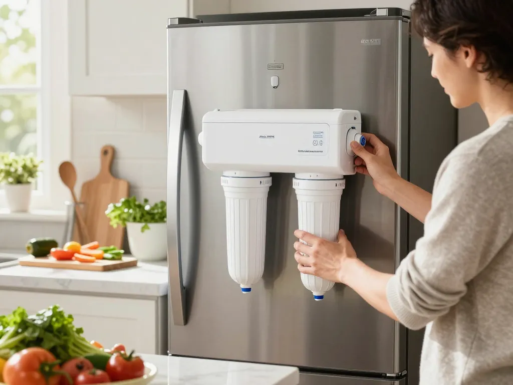 AQUA CREST 4396508 Replacement for Everydrop® Filter 5 being installed in a kitchen refrigerator with fresh vegetables and sunlight.