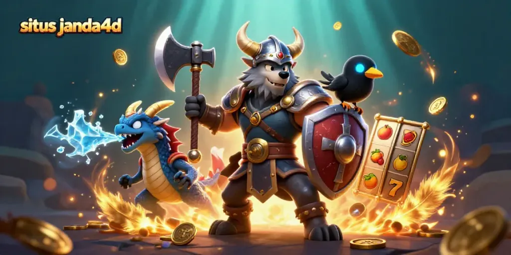Situs janda4d menghadirkan ilustrasi slot online dengan karakter Viking, naga, dan corak menarik.