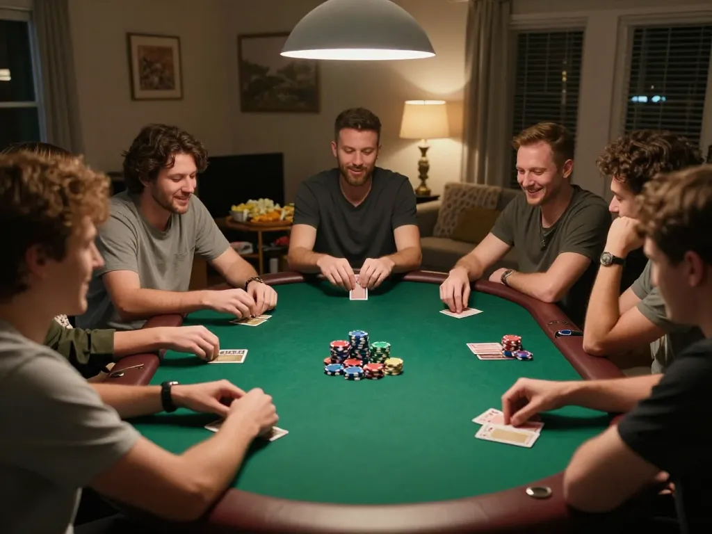 Players enjoying an entertaining poker night at home, highlighting sites not on gamstop for diverse playing options.