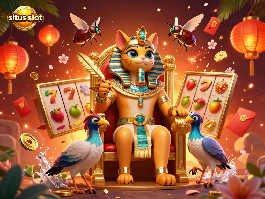 Engage with situs slot through a vibrant 3D illustration featuring slots, golden pharaoh cat, and festive elements.