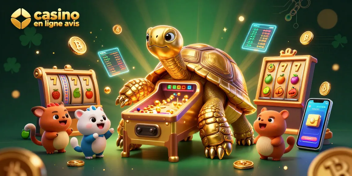 Jouez sur un casino en ligne avis, avec une tortue dorée colossale et des jeux de machines à sous colorées.