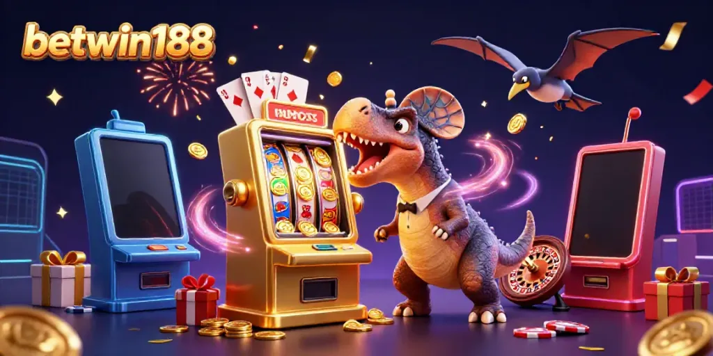 Akses cepat untuk betwin188, ilustrasi 3D dengan dinosaurus dan mesin slot yang menghasilkan koin jackpot.