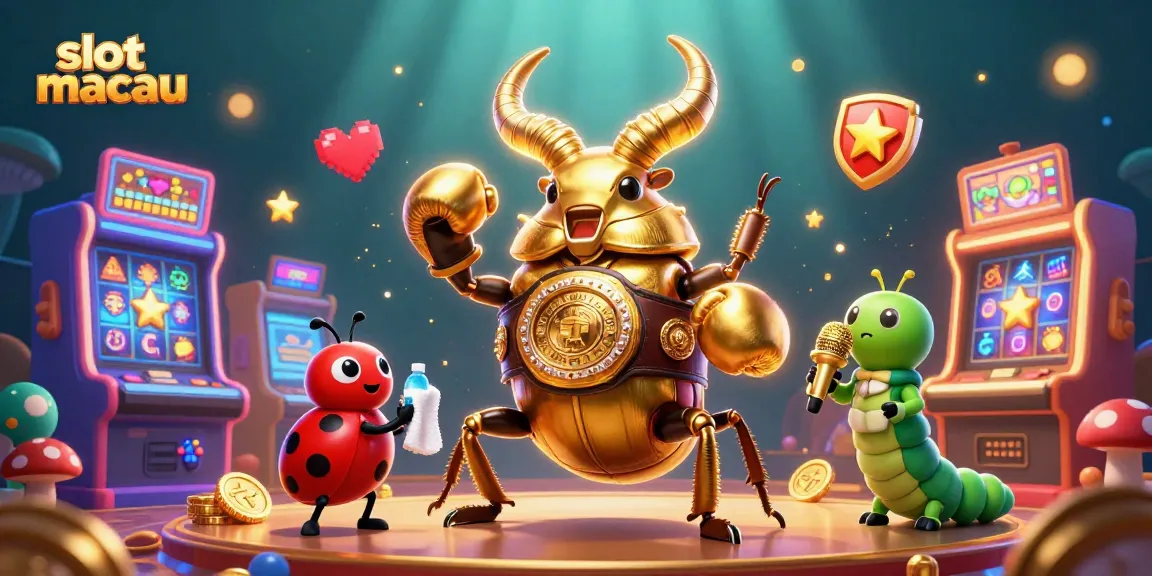 Experience slot macau thrills with a golden stag beetle and ladybug in a vibrant casino atmosphere.