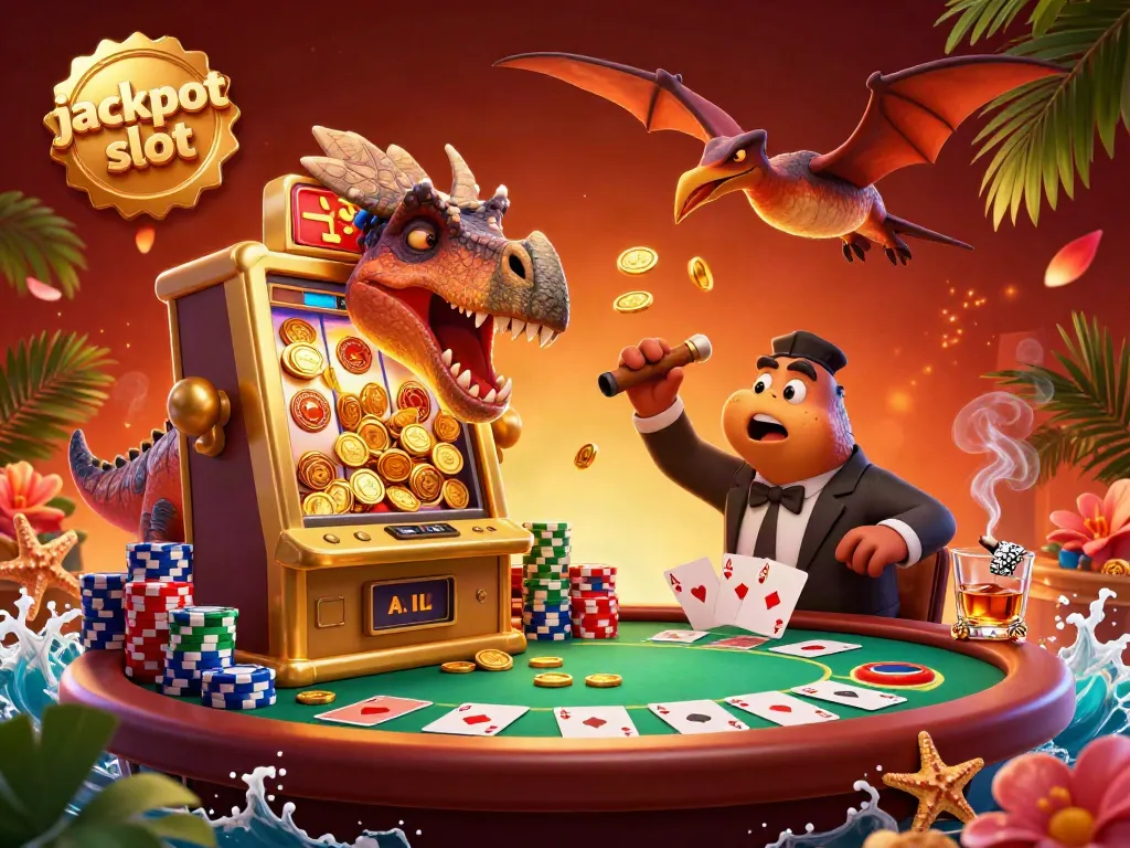 Dynamic scene of a jackpot slot being headbutted by a dinosaur while coins fly around in a colorful casino environment.