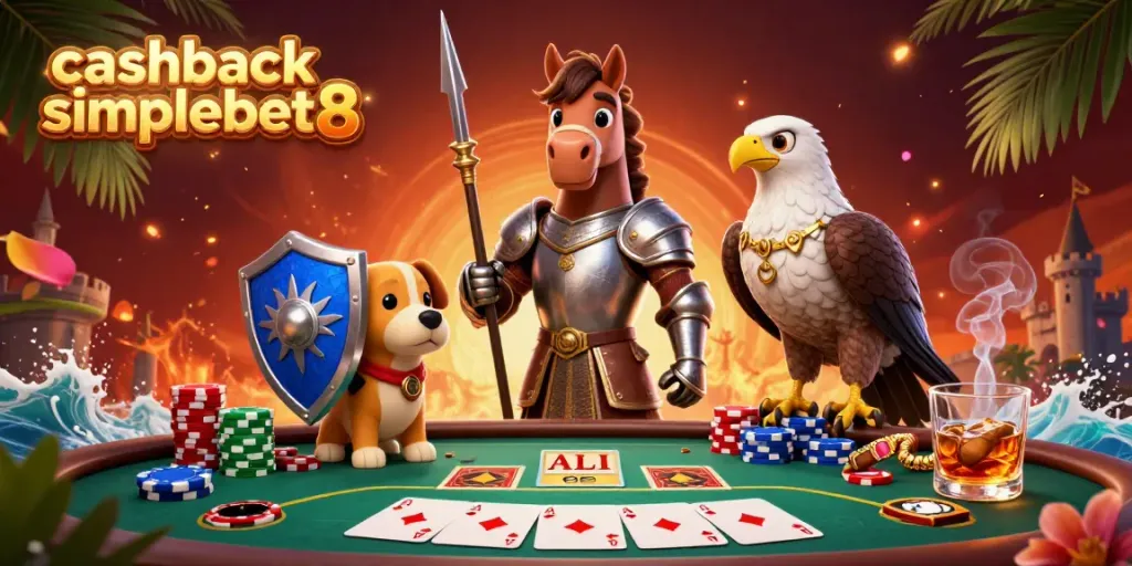 Experience cashback simplebet8 in an exciting, vibrant casino setting with a medieval twist featuring a knight and an adorable squire.