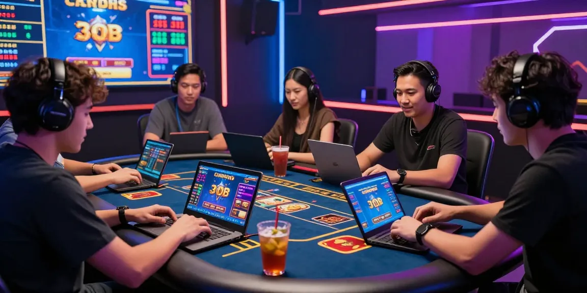 Engaging online gambling scene with players interacting excitedly at a digital table showcasing situs depo 5rb.