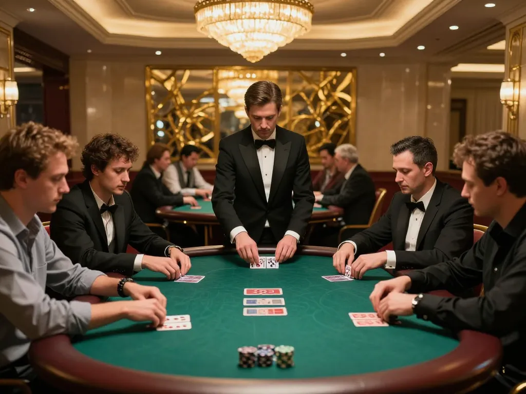 Engaging poker players analyze their strategies at a sv368 casino table during a high-stakes game.