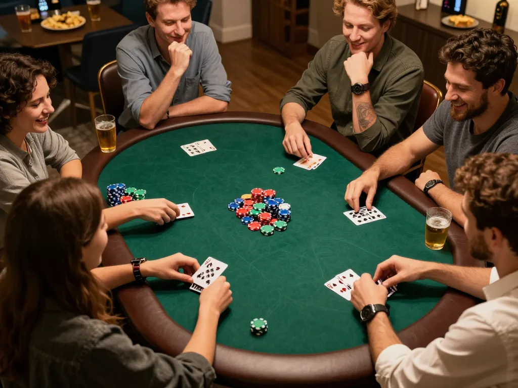 BK88 players enjoying an exciting home poker game, showcasing strategic gameplay and camaraderie.