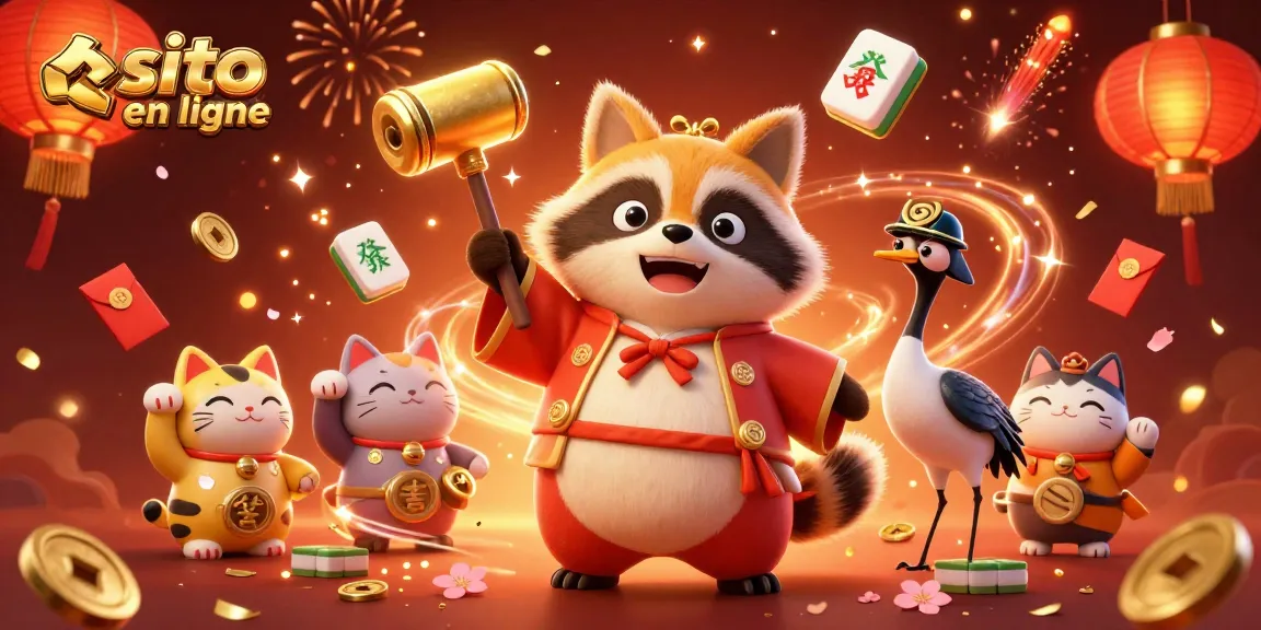 Découvrez les jeux sur un site casino en ligne avec une illustration festive et colorée d'un tanuki et des éléments de jeu