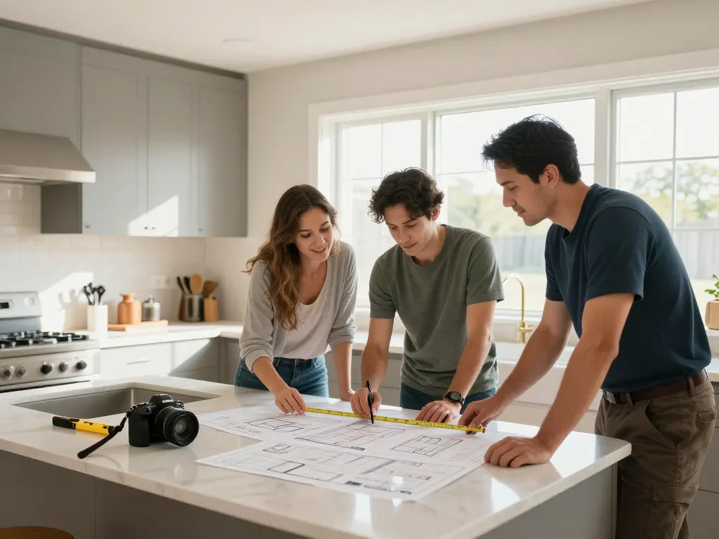 Bathroom and kitchen renovations collaboration between contractors and homeowners, showcasing design planning and modern fixtures.