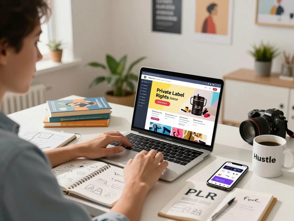 Buy Private Label Rights Products displayed on a laptop in a vibrant e-commerce workspace.