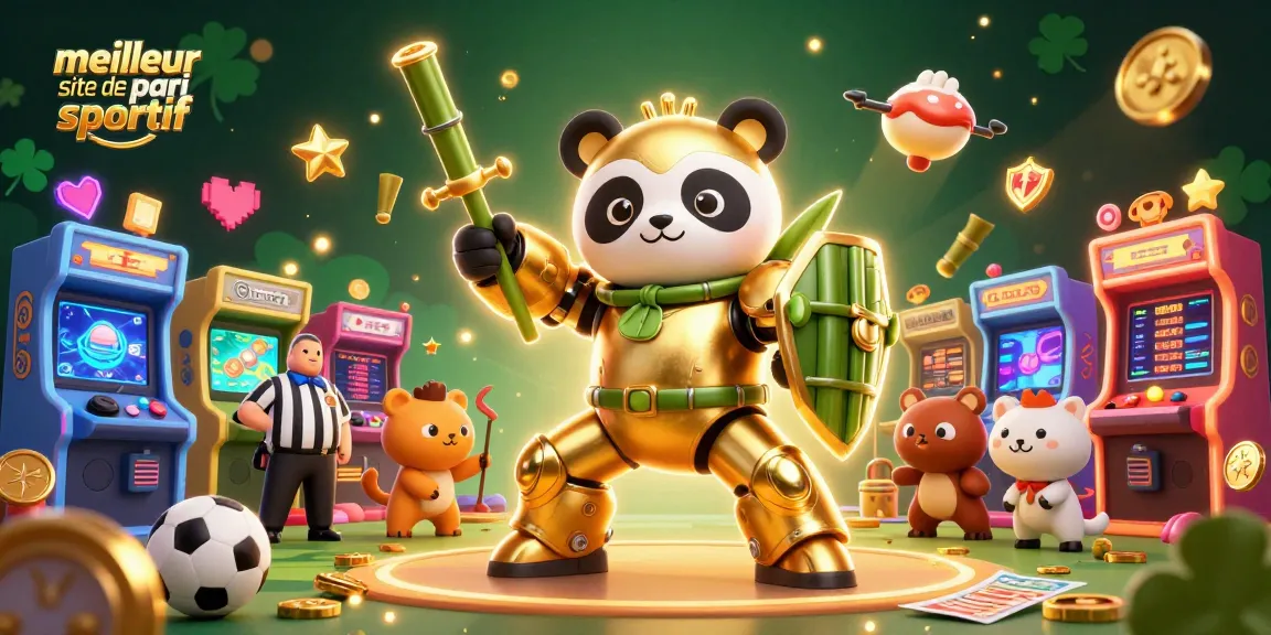 Visuel captivant du meilleur site de pari sportif, avec un panda doré et un robot animé dans une arène de jeux.