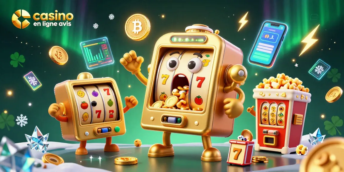 Avis casino en ligne sur des machines à sous animées et des pièces de crypto-monnaie vertigineuses en scène festive.
