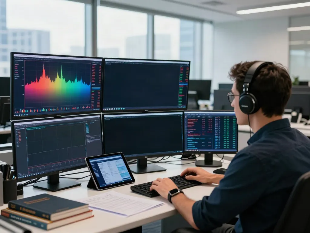 Tradingview官网: Trader analyzing multiple screens with live market charts in a modern office.