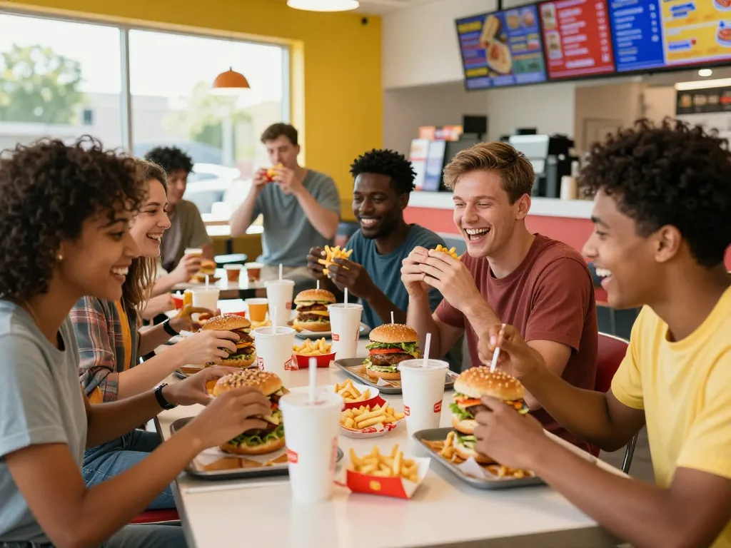 Friends enjoying fast food prices at a lively restaurant table with colorful meals.