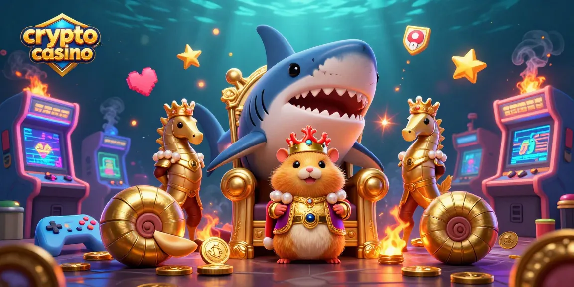 Jouez sur un crypto casino avec un roi hamster orné de corail et la technologie moderne autour.