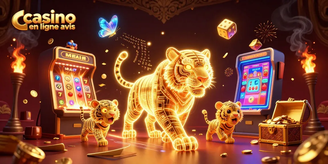 Casino en ligne avis : découvrir un paysage de jeu dynamique avec des machines à sous et un tigre lumineux.