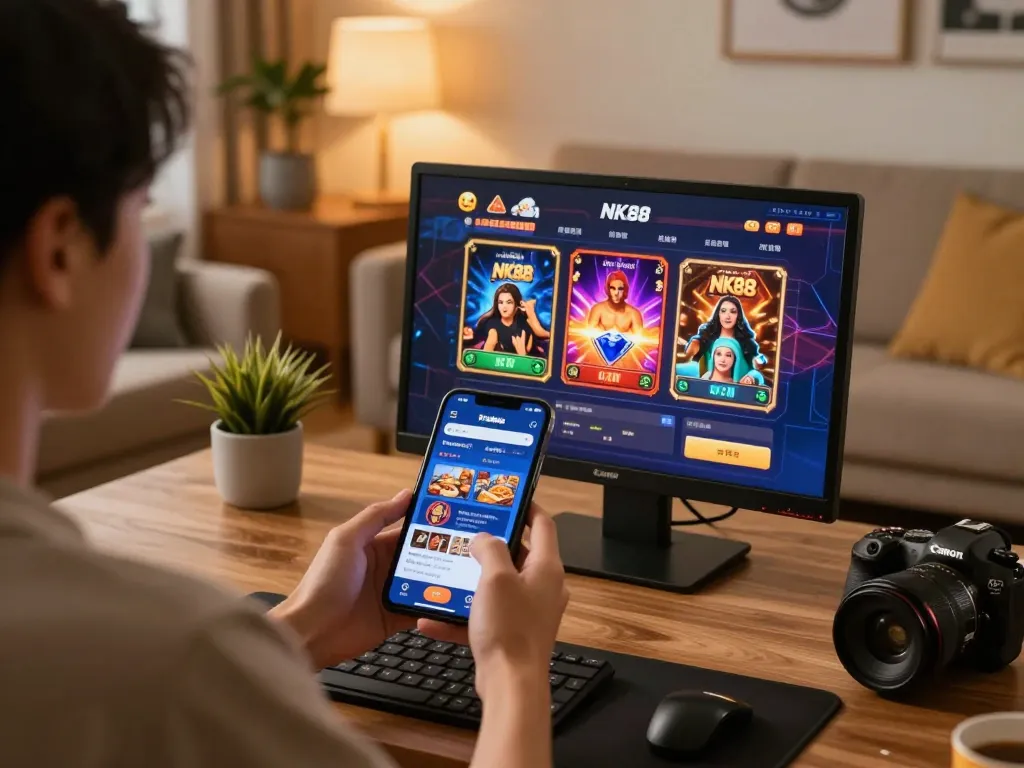 Player enjoying NK88 on mobile app in cozy home setup, showcasing online gaming excitement.