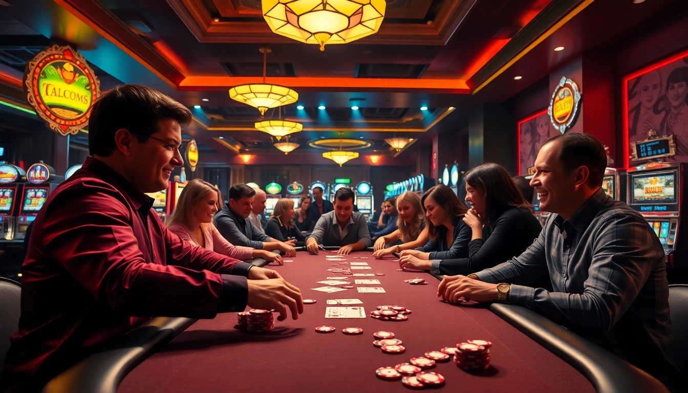Vegas hero engaging players at a lively casino poker table, showcasing excitement and thrill.