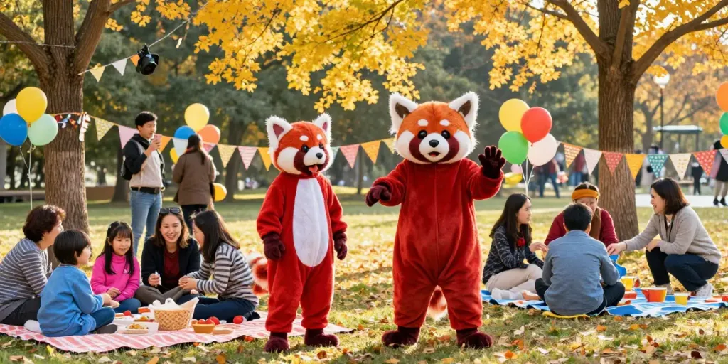 Children and adults in vibrant red panda costume enjoying a lively outdoor costume party.