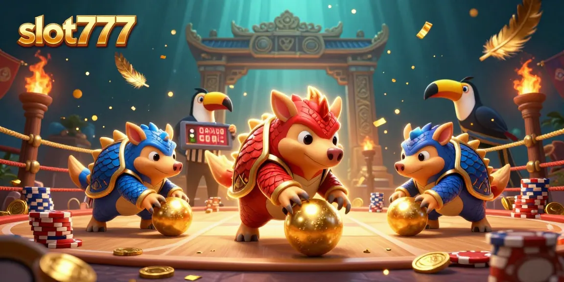 Join the thrilling action on slot777 with vibrant pangolins rolling poker chips amidst gold and confetti.