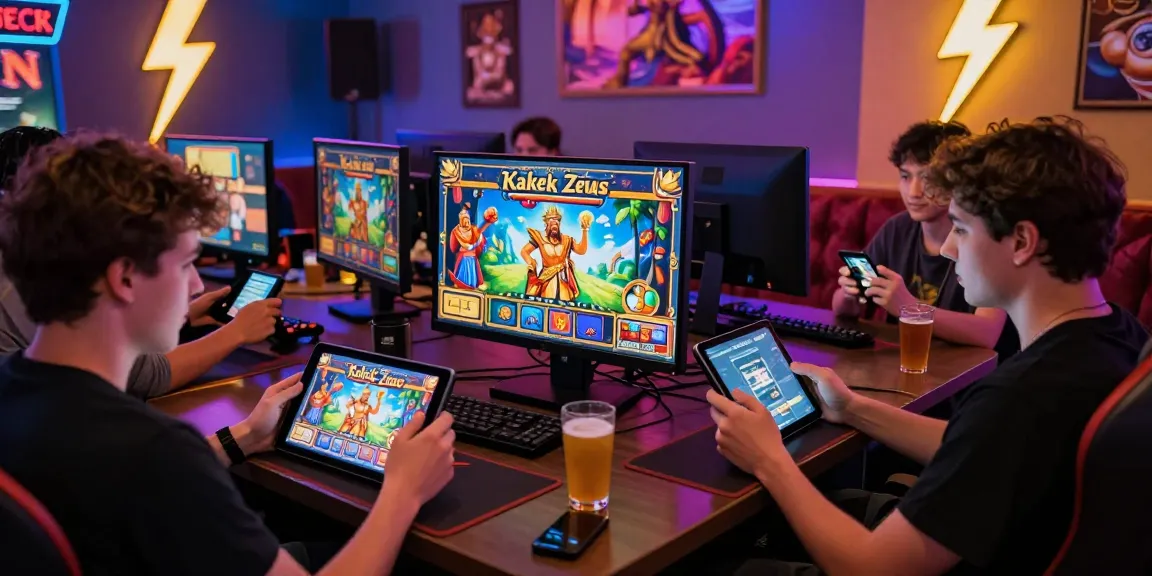 Gamer bersemangat memainkan slot Kakek Zeus, dikelilingi lingkungan bermain yang ceria.