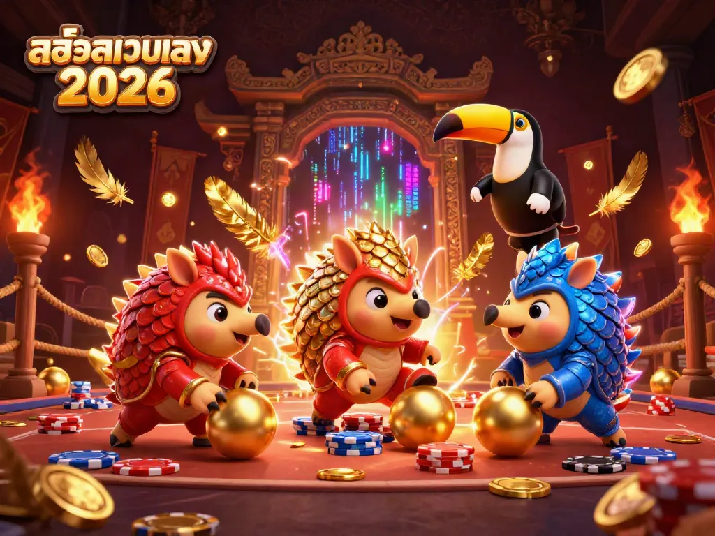 Engage with สล็อตเว็บตรง 2026 featuring rival pangolin characters in an energetic casino bowling scene.