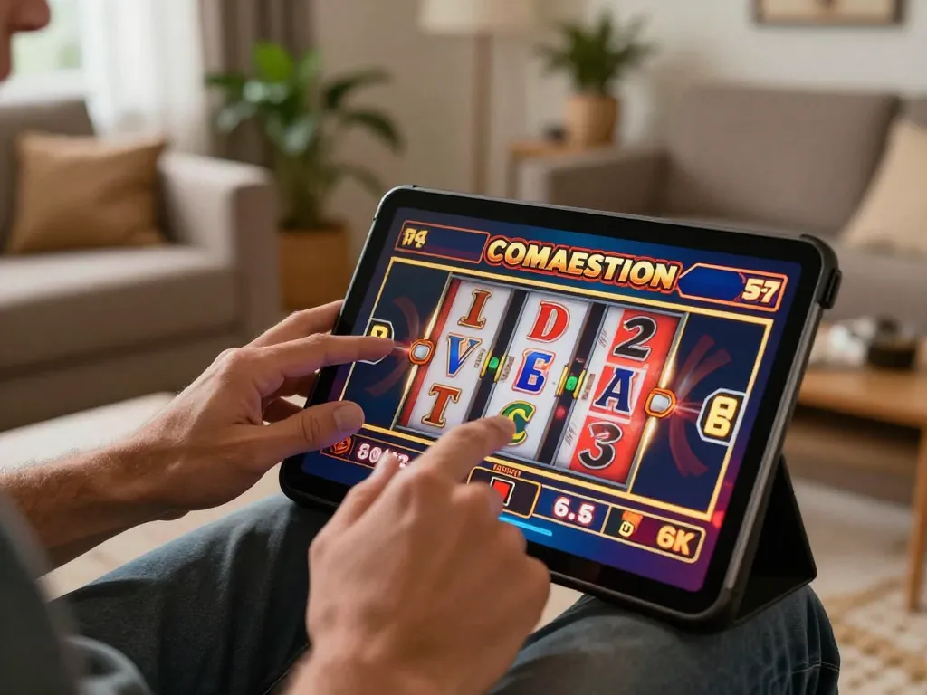 Player enjoying sc88 online casino slots on tablet in a warm living room setting