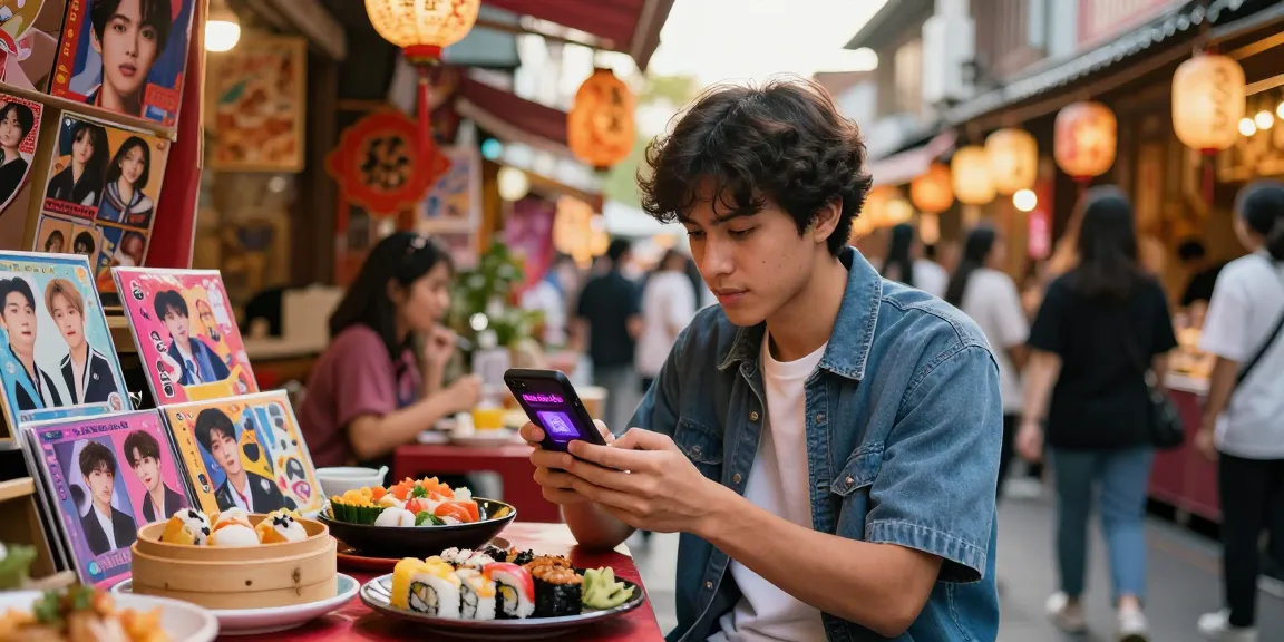 Engaging young man exploring Asian pop culture while using the https://hanadultalk.com app amidst a vibrant street market.
