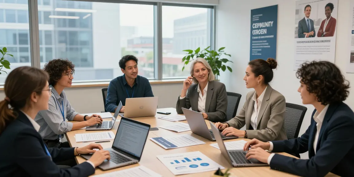 Engaged discussion about Mitglied im Interessen Verband werden with diverse individuals in a bright office setting