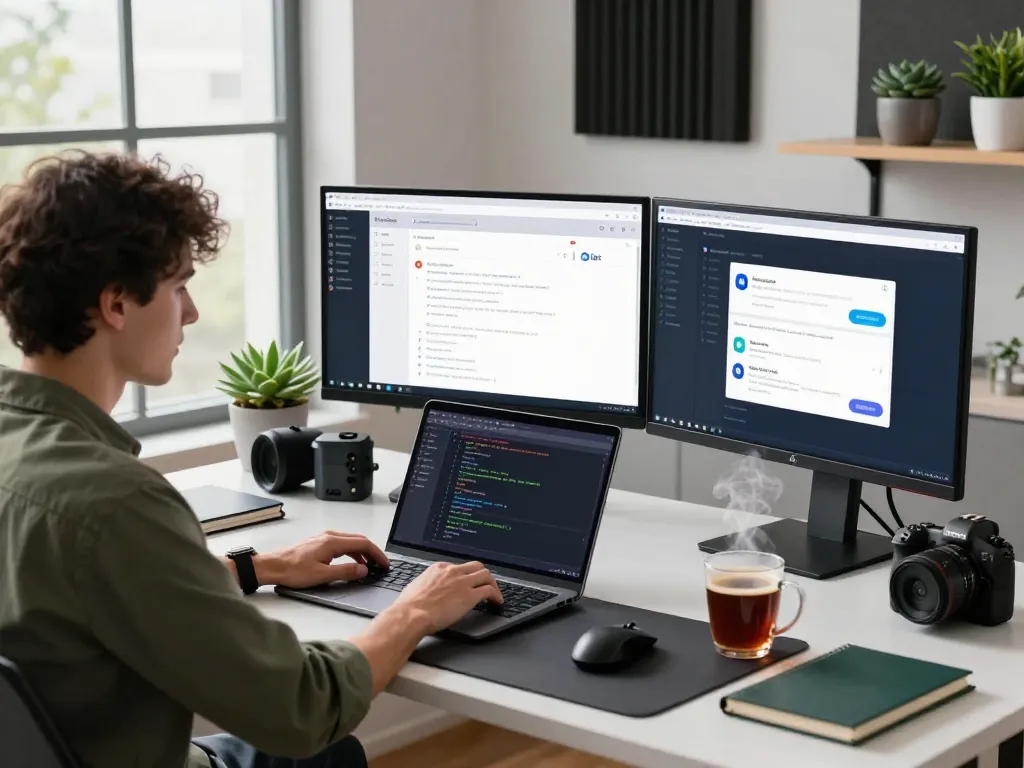 Developer using clawbot in a bright home office with dual monitors and coding setup.