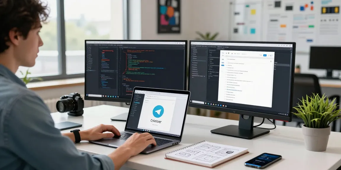 Professional workspace showcasing Telegram interface and coding tools at 纸飞机中文版官网, reflecting a modern tech environment.