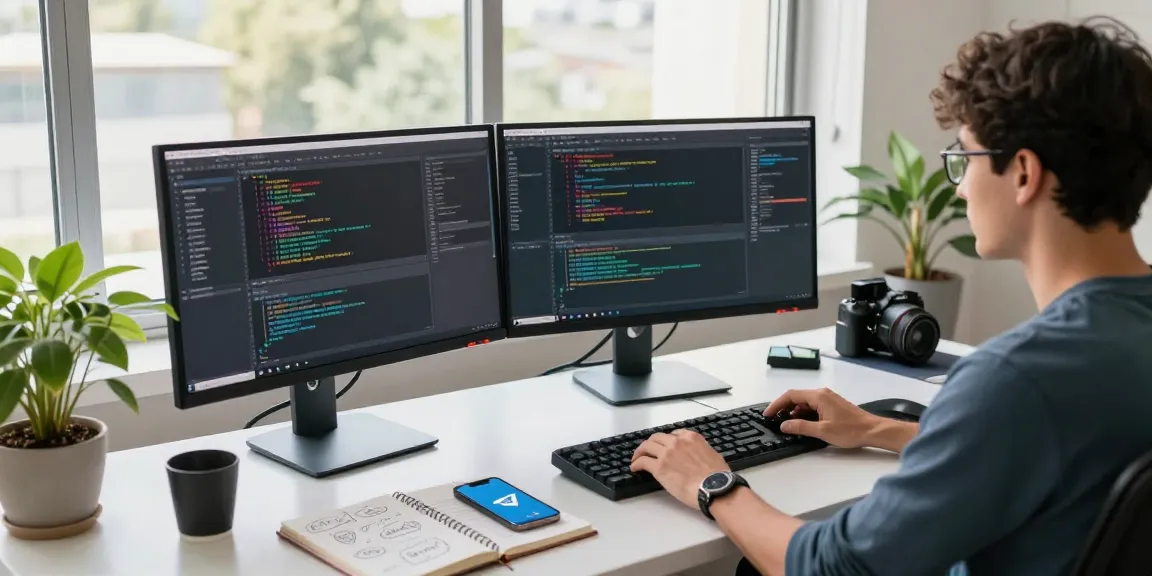 Developer coding features of 纸飞机中文版官网 in a bright tech workspace filled with modern gadgets.
