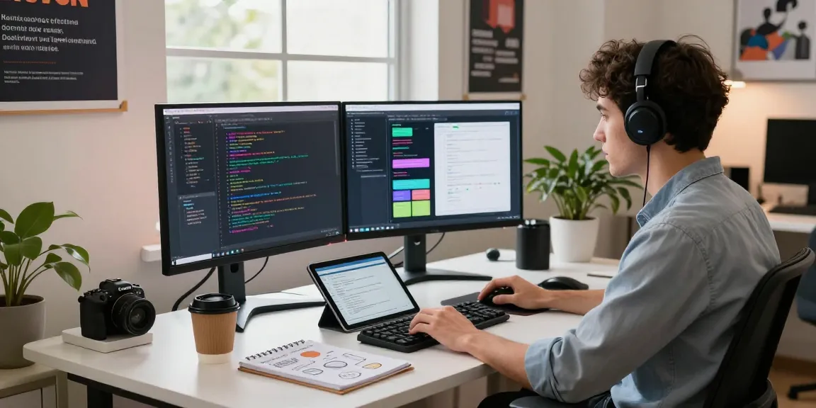 Engaging workspace of a software developer focusing on coding and app design, highlighting 纸飞机官网 technology.