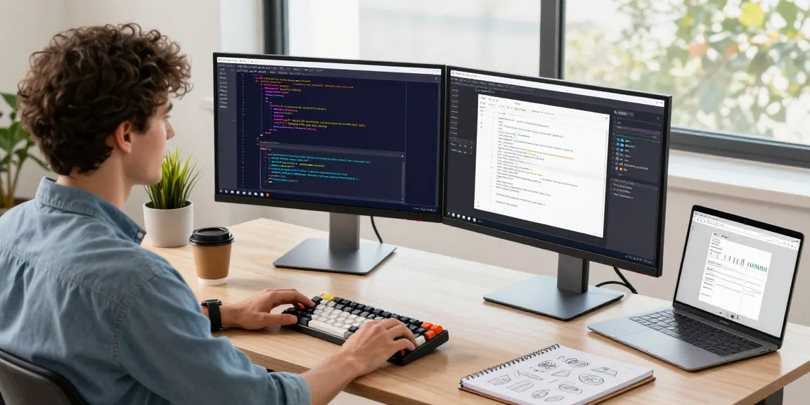 Developer utilizing 截图软件 in a bright workspace with dual monitors and design tools.