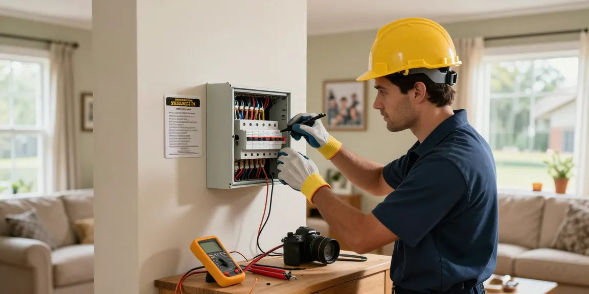Emergency electrical services by abacasdoors.co.uk in a cozy home, electrician inspecting circuit breaker.
